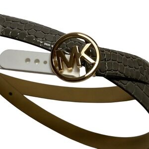 Michael Kors Womens Croc Embossed Skinny Belt grey Gold MK Logo Buckle Size L